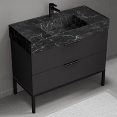 Modern Black Bathroom Vanity, 40 inch, Marble Style Sink, Free Standing